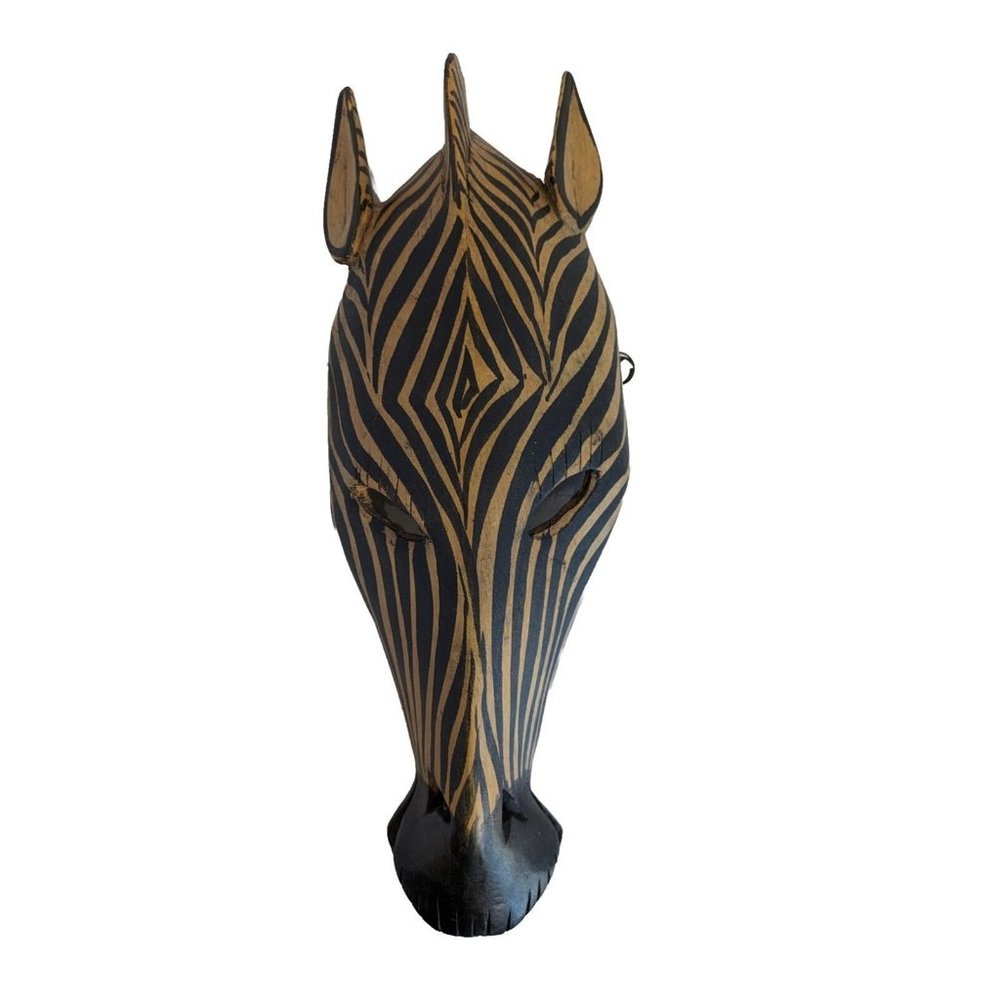 African Tribal Mask Zebra Hand Carved Wood Safari Savannah